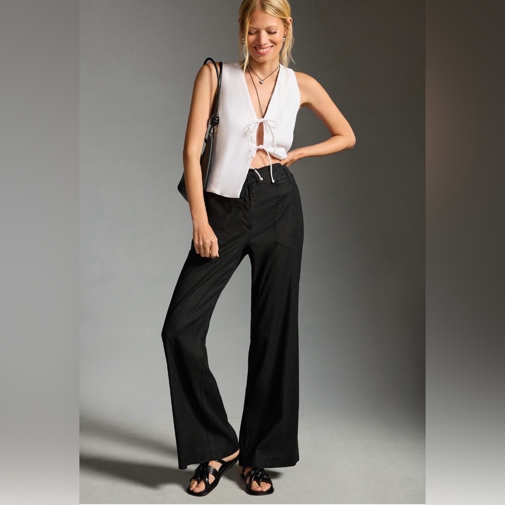 Maeve - Anthropologie - Naomi Linen Wide Leg Flare Pants in Black